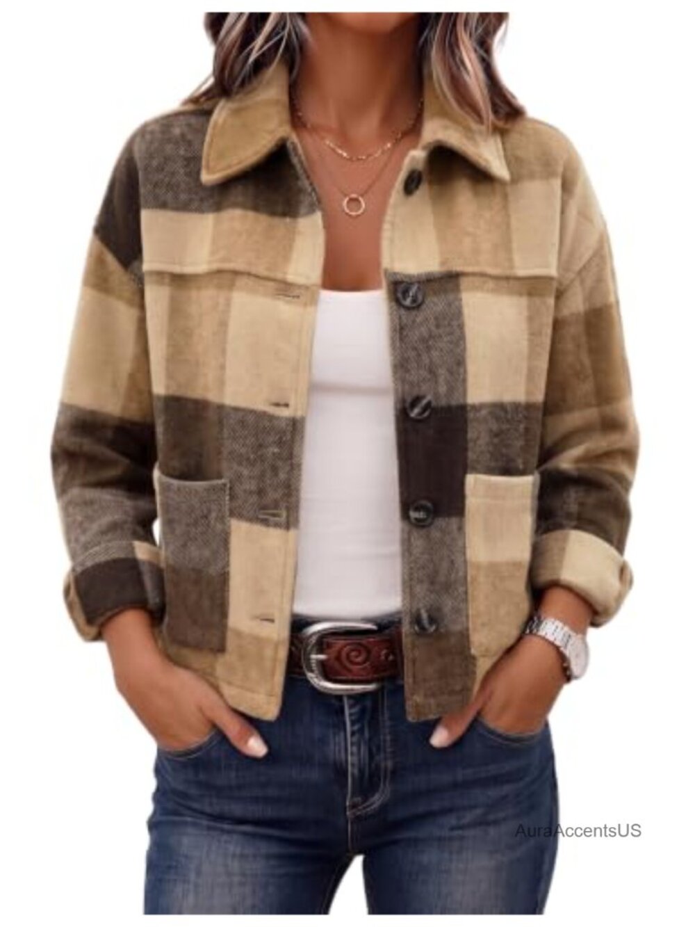 Flannel Plaid Cropped Button Down Shacket Jacket Casual Fall